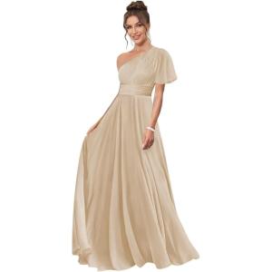 imageOne Shoulder Bridesmaid Dresses for Women Long Short Sleeve Pleated Chiffon Formal Evening GownsChampagne