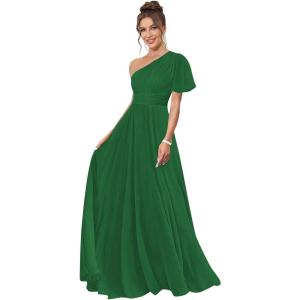 imageOne Shoulder Bridesmaid Dresses for Women Long Short Sleeve Pleated Chiffon Formal Evening GownsEmerald Green