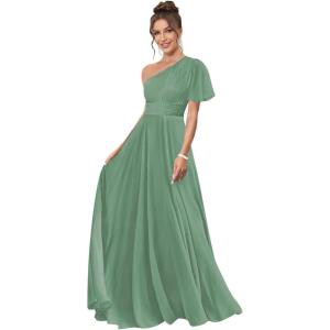 imageOne Shoulder Bridesmaid Dresses for Women Long Short Sleeve Pleated Chiffon Formal Evening GownsEucalyptus