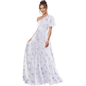 imageOne Shoulder Bridesmaid Dresses for Women Long Short Sleeve Pleated Chiffon Formal Evening GownsFloral Blue