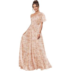 imageOne Shoulder Bridesmaid Dresses for Women Long Short Sleeve Pleated Chiffon Formal Evening GownsFloral Blush