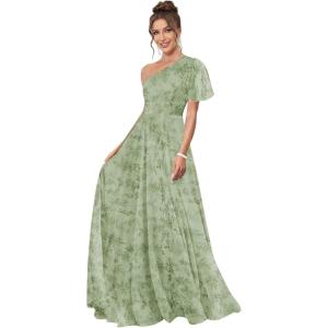 imageOne Shoulder Bridesmaid Dresses for Women Long Short Sleeve Pleated Chiffon Formal Evening GownsFloral Sage