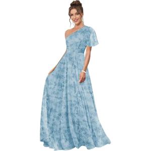 imageOne Shoulder Bridesmaid Dresses for Women Long Short Sleeve Pleated Chiffon Formal Evening GownsFloral Sky Blue
