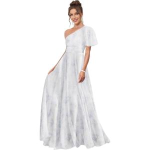 imageOne Shoulder Bridesmaid Dresses for Women Long Short Sleeve Pleated Chiffon Formal Evening GownsFloral White