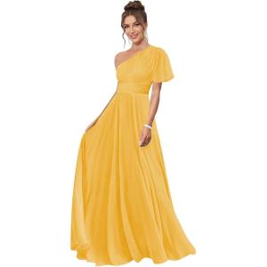imageOne Shoulder Bridesmaid Dresses for Women Long Short Sleeve Pleated Chiffon Formal Evening GownsGold