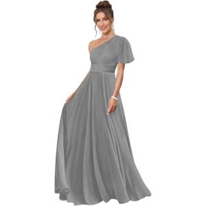 imageOne Shoulder Bridesmaid Dresses for Women Long Short Sleeve Pleated Chiffon Formal Evening GownsGray