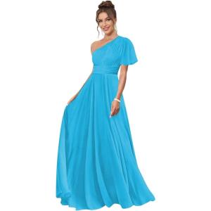 imageOne Shoulder Bridesmaid Dresses for Women Long Short Sleeve Pleated Chiffon Formal Evening GownsLake Blue
