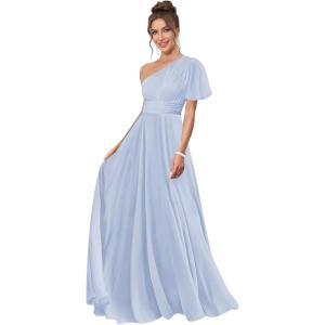 imageOne Shoulder Bridesmaid Dresses for Women Long Short Sleeve Pleated Chiffon Formal Evening GownsLavender