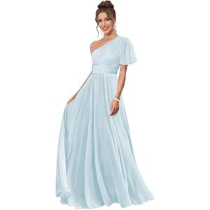 imageOne Shoulder Bridesmaid Dresses for Women Long Short Sleeve Pleated Chiffon Formal Evening GownsLight Blue