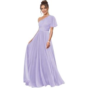 imageOne Shoulder Bridesmaid Dresses for Women Long Short Sleeve Pleated Chiffon Formal Evening GownsLilac