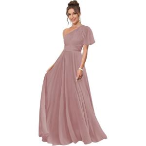 imageOne Shoulder Bridesmaid Dresses for Women Long Short Sleeve Pleated Chiffon Formal Evening GownsMauve