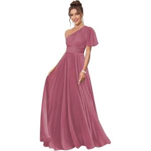 imageOne Shoulder Bridesmaid Dresses for Women Long Short Sleeve Pleated Chiffon Formal Evening GownsMulberry