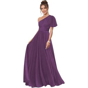 imageOne Shoulder Bridesmaid Dresses for Women Long Short Sleeve Pleated Chiffon Formal Evening GownsPlum