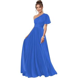 imageOne Shoulder Bridesmaid Dresses for Women Long Short Sleeve Pleated Chiffon Formal Evening GownsRoyal Blue