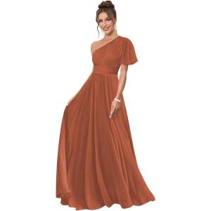 imageOne Shoulder Bridesmaid Dresses for Women Long Short Sleeve Pleated Chiffon Formal Evening GownsRust