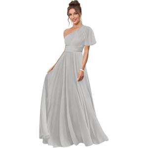 imageOne Shoulder Bridesmaid Dresses for Women Long Short Sleeve Pleated Chiffon Formal Evening GownsSilver