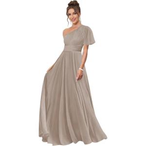 imageOne Shoulder Bridesmaid Dresses for Women Long Short Sleeve Pleated Chiffon Formal Evening GownsTaupe