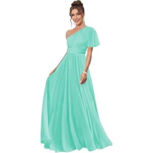 imageOne Shoulder Bridesmaid Dresses for Women Long Short Sleeve Pleated Chiffon Formal Evening GownsTurquoise