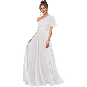 imageOne Shoulder Bridesmaid Dresses for Women Long Short Sleeve Pleated Chiffon Formal Evening GownsWhite