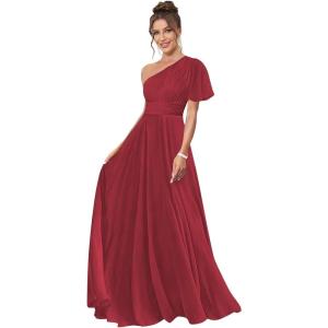 imageOne Shoulder Bridesmaid Dresses for Women Long Short Sleeve Pleated Chiffon Formal Evening GownsWine Red