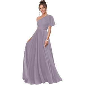imageOne Shoulder Bridesmaid Dresses for Women Long Short Sleeve Pleated Chiffon Formal Evening GownsWisteria