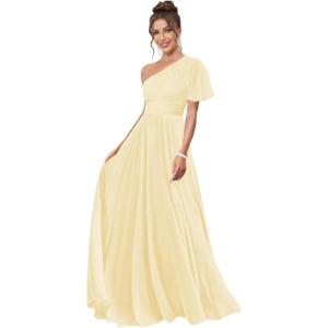 imageOne Shoulder Bridesmaid Dresses for Women Long Short Sleeve Pleated Chiffon Formal Evening GownsYellow