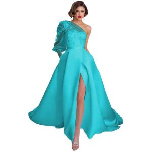imageOne Shoulder Lace Applique Prom Dresses Long Sleeve Wedding Dresses Tulle A Line Princess Ball Gown with SlitAqua