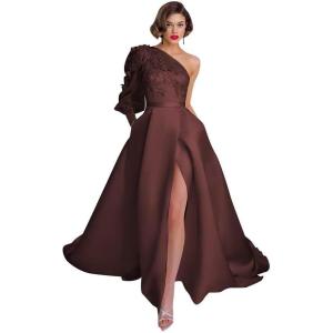 imageOne Shoulder Lace Applique Prom Dresses Long Sleeve Wedding Dresses Tulle A Line Princess Ball Gown with SlitBurgundy