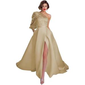 imageOne Shoulder Lace Applique Prom Dresses Long Sleeve Wedding Dresses Tulle A Line Princess Ball Gown with SlitChampagne