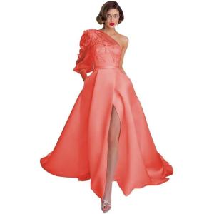imageOne Shoulder Lace Applique Prom Dresses Long Sleeve Wedding Dresses Tulle A Line Princess Ball Gown with SlitCoral