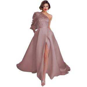 imageOne Shoulder Lace Applique Prom Dresses Long Sleeve Wedding Dresses Tulle A Line Princess Ball Gown with SlitDusty Rose