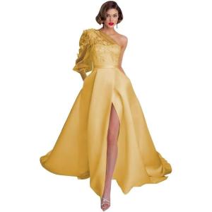 imageOne Shoulder Lace Applique Prom Dresses Long Sleeve Wedding Dresses Tulle A Line Princess Ball Gown with SlitGold