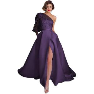 imageOne Shoulder Lace Applique Prom Dresses Long Sleeve Wedding Dresses Tulle A Line Princess Ball Gown with SlitGrape
