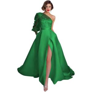 imageOne Shoulder Lace Applique Prom Dresses Long Sleeve Wedding Dresses Tulle A Line Princess Ball Gown with SlitGreen