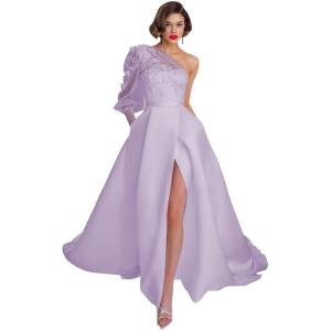 imageOne Shoulder Lace Applique Prom Dresses Long Sleeve Wedding Dresses Tulle A Line Princess Ball Gown with SlitLavender