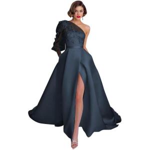 imageOne Shoulder Lace Applique Prom Dresses Long Sleeve Wedding Dresses Tulle A Line Princess Ball Gown with SlitNavy Blue