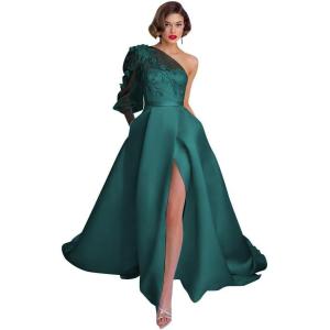 imageOne Shoulder Lace Applique Prom Dresses Long Sleeve Wedding Dresses Tulle A Line Princess Ball Gown with SlitPeacock