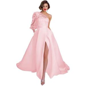 imageOne Shoulder Lace Applique Prom Dresses Long Sleeve Wedding Dresses Tulle A Line Princess Ball Gown with SlitPink