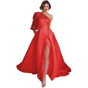 imageOne Shoulder Lace Applique Prom Dresses Long Sleeve Wedding Dresses Tulle A Line Princess Ball Gown with SlitRed