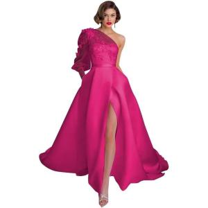 imageOne Shoulder Lace Applique Prom Dresses Long Sleeve Wedding Dresses Tulle A Line Princess Ball Gown with SlitRose Red