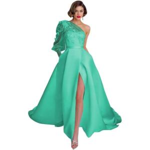 imageOne Shoulder Lace Applique Prom Dresses Long Sleeve Wedding Dresses Tulle A Line Princess Ball Gown with SlitTurquoise