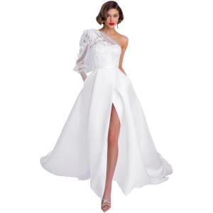 imageOne Shoulder Lace Applique Prom Dresses Long Sleeve Wedding Dresses Tulle A Line Princess Ball Gown with SlitWhite