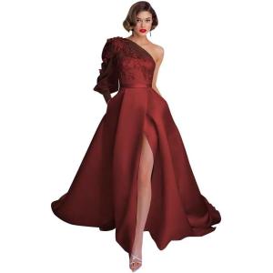 imageOne Shoulder Lace Applique Prom Dresses Long Sleeve Wedding Dresses Tulle A Line Princess Ball Gown with SlitWine Red