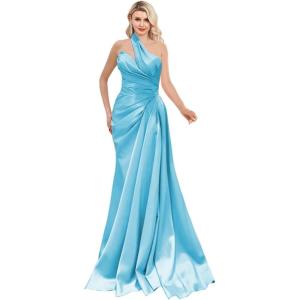 imageOne Shoulder Prom Dresses 2025 Long Satin Ball Gown Pleated Mermaid Formal Evening Gowns for WomenAqua