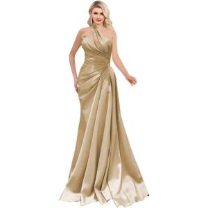 imageOne Shoulder Prom Dresses 2025 Long Satin Ball Gown Pleated Mermaid Formal Evening Gowns for WomenChampagne