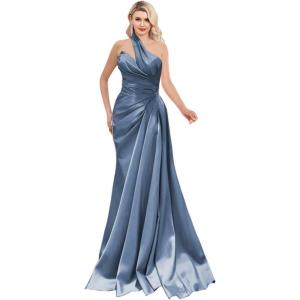 imageOne Shoulder Prom Dresses 2025 Long Satin Ball Gown Pleated Mermaid Formal Evening Gowns for WomenDusty Blue