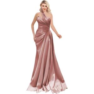 imageOne Shoulder Prom Dresses 2025 Long Satin Ball Gown Pleated Mermaid Formal Evening Gowns for WomenDusty Rose