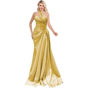 imageOne Shoulder Prom Dresses 2025 Long Satin Ball Gown Pleated Mermaid Formal Evening Gowns for WomenGold