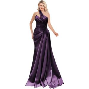 imageOne Shoulder Prom Dresses 2025 Long Satin Ball Gown Pleated Mermaid Formal Evening Gowns for WomenGrape
