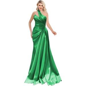 imageOne Shoulder Prom Dresses 2025 Long Satin Ball Gown Pleated Mermaid Formal Evening Gowns for WomenGreen